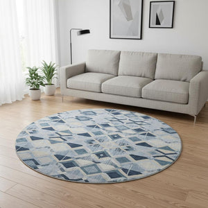 HomeRoots 8' X 8' Geometric Sky Blue Ivory Gray Round Rug - Washable, UV Protected, Perfect for Busy Homes! 692913