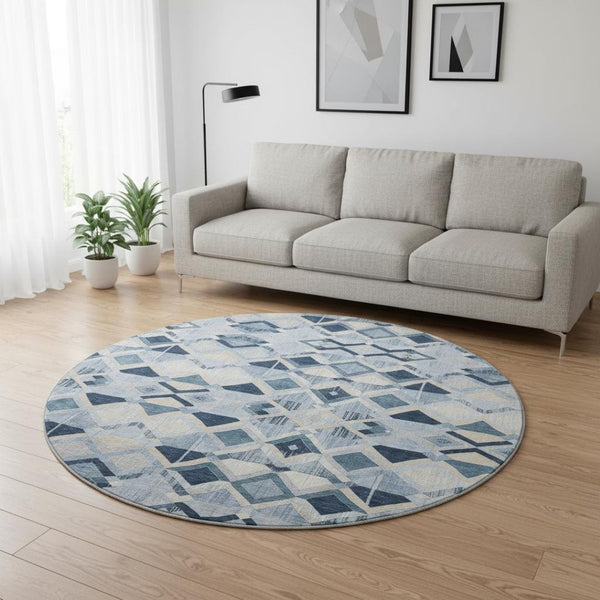 HomeRoots 8' X 8' Geometric Sky Blue Ivory Gray Round Rug - Washable, UV Protected, Perfect for Busy Homes! 692913