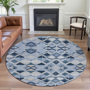 HomeRoots 8' X 8' Geometric Sky Blue Ivory Gray Round Rug - Washable, UV Protected, Perfect for Busy Homes! 692913