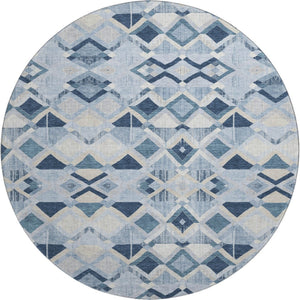 HomeRoots 8' X 8' Geometric Sky Blue Ivory Gray Round Rug - Washable, UV Protected, Perfect for Busy Homes! 692913