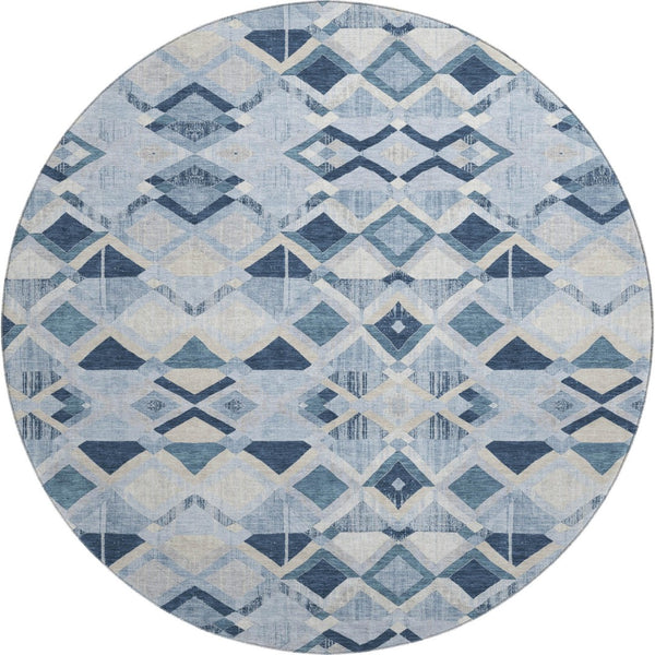 HomeRoots 8' X 8' Geometric Sky Blue Ivory Gray Round Rug - Washable, UV Protected, Perfect for Busy Homes! 692913