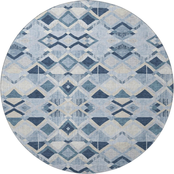 HomeRoots 8' X 8' Geometric Sky Blue Ivory Gray Round Rug - Washable, UV Protected, Perfect for Busy Homes! 692913