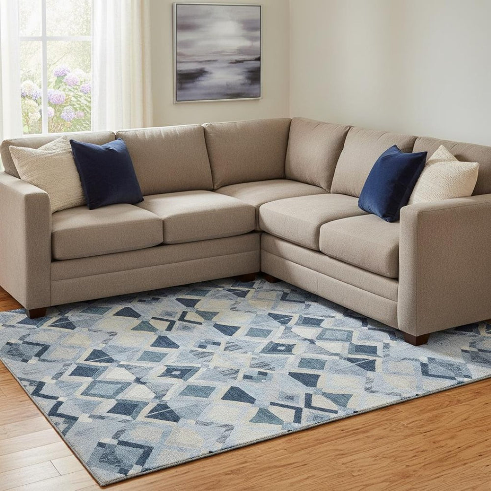 HomeRoots 8' Sky Blue, Ivory & Gray Geometric Area Rug - Washable, UV Protected, Durable for High Traffic Areas 692914