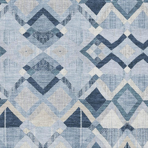 HomeRoots 8' Sky Blue, Ivory & Gray Geometric Area Rug - Washable, UV Protected, Durable for High Traffic Areas 692914