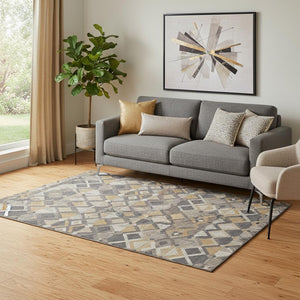 HomeRoots 5' X 8' Washable Geometric Area Rug in Wheat Charcoal & Ivory – UV Protected, Pet-Friendly Design 692918