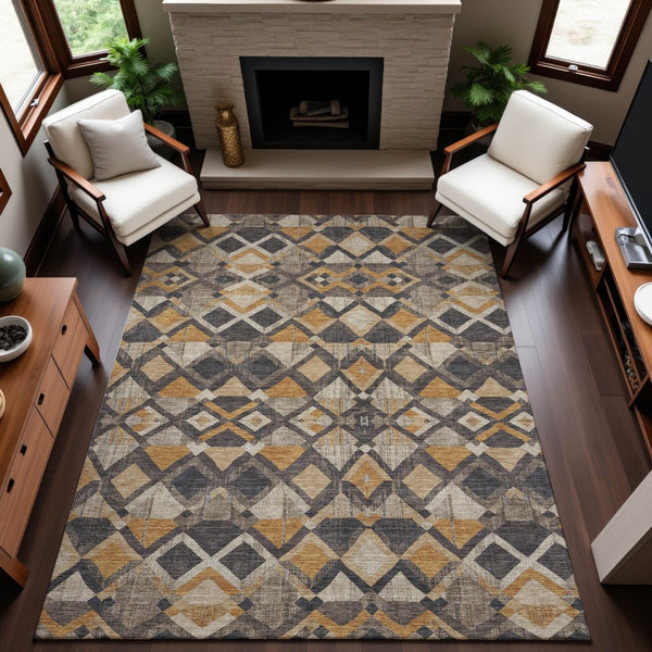 HomeRoots 5' X 8' Washable Geometric Area Rug in Wheat Charcoal & Ivory – UV Protected, Pet-Friendly Design 692918