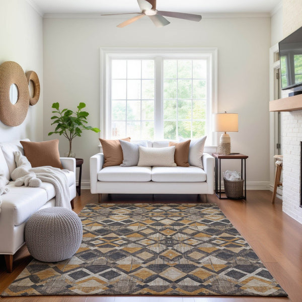 HomeRoots 5' X 8' Washable Geometric Area Rug in Wheat Charcoal & Ivory – UV Protected, Pet-Friendly Design 692918