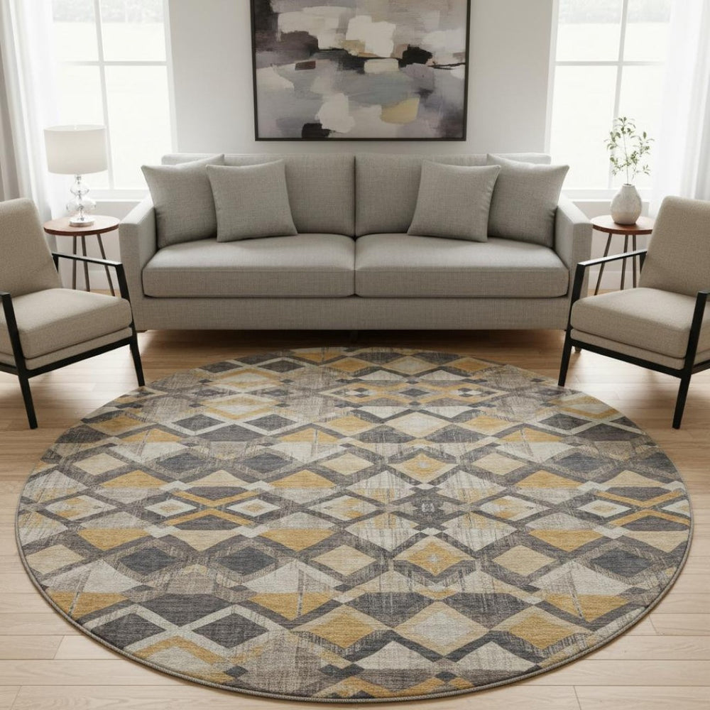 HomeRoots 8' Round Geometric Washable Rug in Wheat Charcoal & Ivory - UV Protected, Stain-Resistant Design 692919
