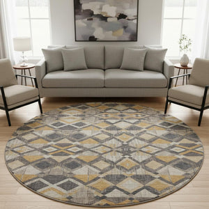HomeRoots 8' Round Geometric Washable Rug in Wheat Charcoal & Ivory - UV Protected, Stain-Resistant Design 692919