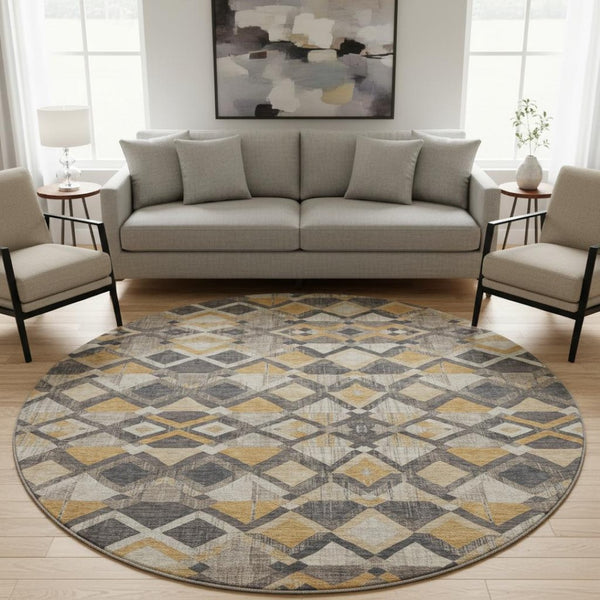 HomeRoots 8' Round Geometric Washable Rug in Wheat Charcoal & Ivory - UV Protected, Stain-Resistant Design 692919