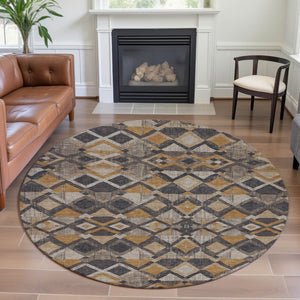 HomeRoots 8' Round Geometric Washable Rug in Wheat Charcoal & Ivory - UV Protected, Stain-Resistant Design 692919