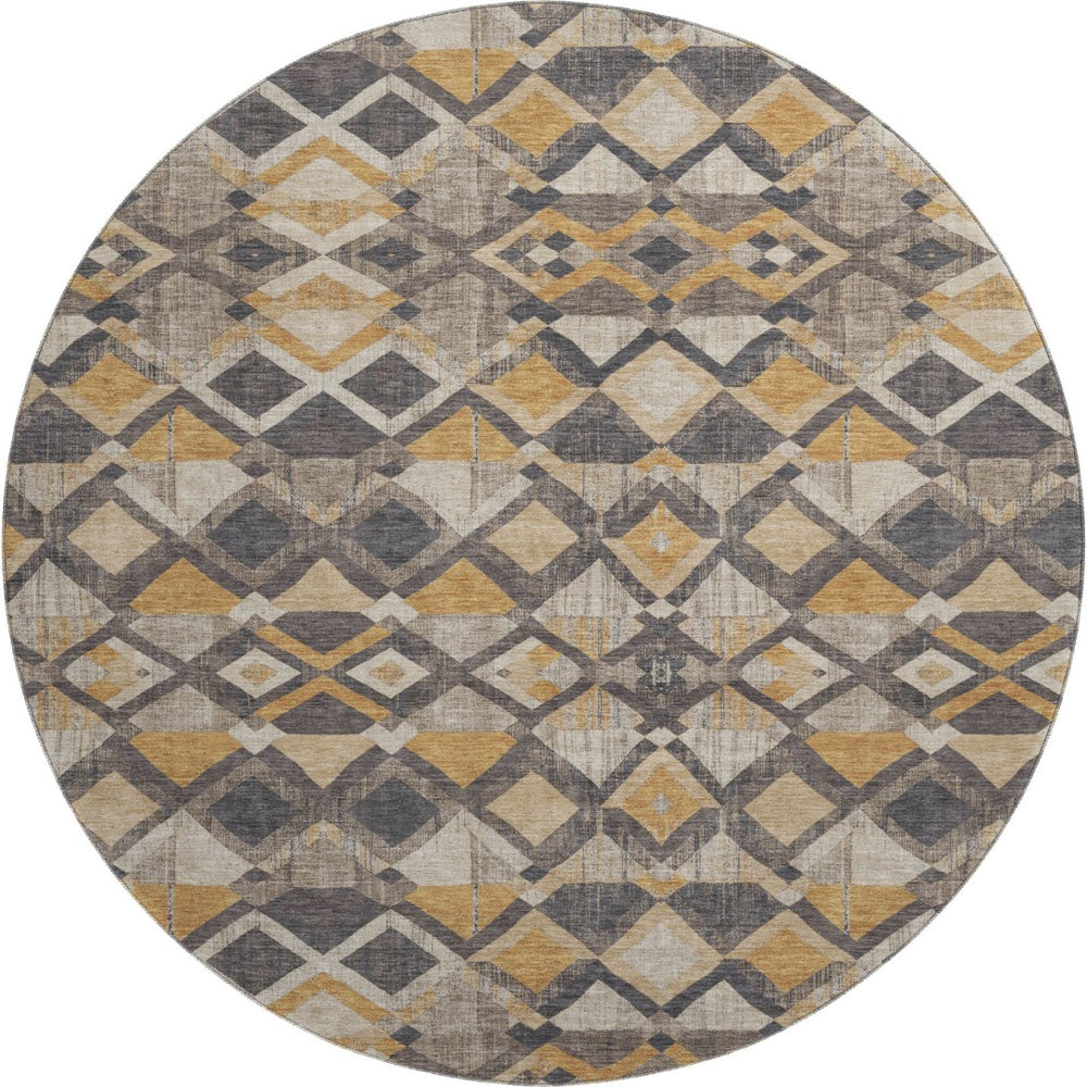 HomeRoots 8' Round Geometric Washable Rug in Wheat Charcoal & Ivory - UV Protected, Stain-Resistant Design 692919
