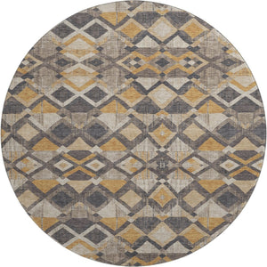 HomeRoots 8' Round Geometric Washable Rug in Wheat Charcoal & Ivory - UV Protected, Stain-Resistant Design 692919