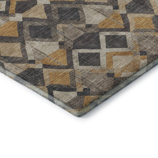 HomeRoots 8' Round Geometric Washable Rug in Wheat Charcoal & Ivory - UV Protected, Stain-Resistant Design 692919