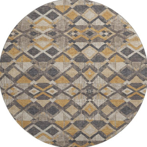 HomeRoots 8' Round Geometric Washable Rug in Wheat Charcoal & Ivory - UV Protected, Stain-Resistant Design 692919