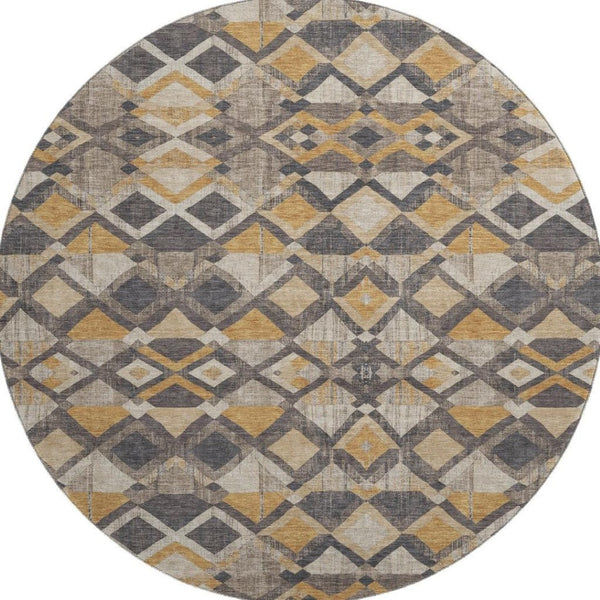 HomeRoots 8' Round Geometric Washable Rug in Wheat Charcoal & Ivory - UV Protected, Stain-Resistant Design 692919