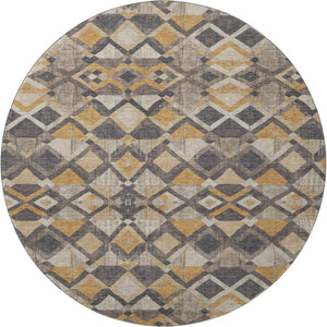 HomeRoots 8' Round Geometric Washable Rug in Wheat Charcoal & Ivory - UV Protected, Stain-Resistant Design 692919