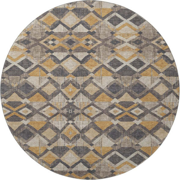 HomeRoots 8' Round Geometric Washable Rug in Wheat Charcoal & Ivory - UV Protected, Stain-Resistant Design 692919