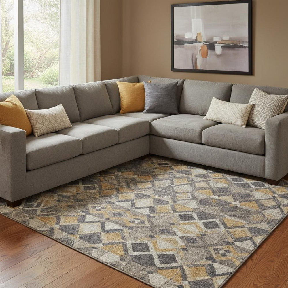 HomeRoots 8' Stylish Wheat Charcoal Ivory Geometric Area Rug - Washable, UV Protected, Perfect for High-Traffic Homes 692920