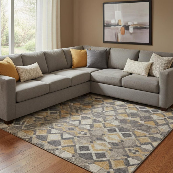 HomeRoots 8' Stylish Wheat Charcoal Ivory Geometric Area Rug - Washable, UV Protected, Perfect for High-Traffic Homes 692920