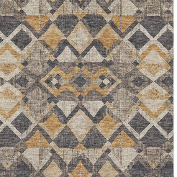 HomeRoots 8' Stylish Wheat Charcoal Ivory Geometric Area Rug - Washable, UV Protected, Perfect for High-Traffic Homes 692920
