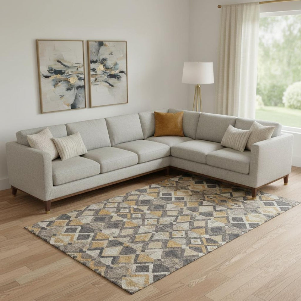 HomeRoots 9' X 12' Modern Wheat Charcoal Ivory Geometric Washable Area Rug with UV Protection & Non-Slip Backing 692921