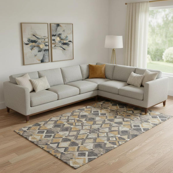 HomeRoots 9' X 12' Modern Wheat Charcoal Ivory Geometric Washable Area Rug with UV Protection & Non-Slip Backing 692921