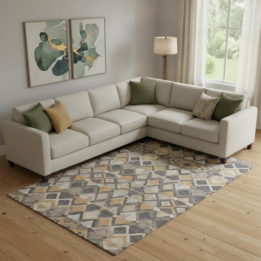 HomeRoots 10' Modern Geometric Washable Area Rug in Wheat, Charcoal & Ivory with UV Protection & Durability 692922