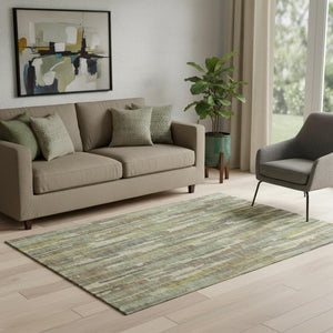 HomeRoots 5' X 8' Striped Area Rug in Artichoke Green & Beige – Durable, UV Protected, Stain Resistant Design 692924