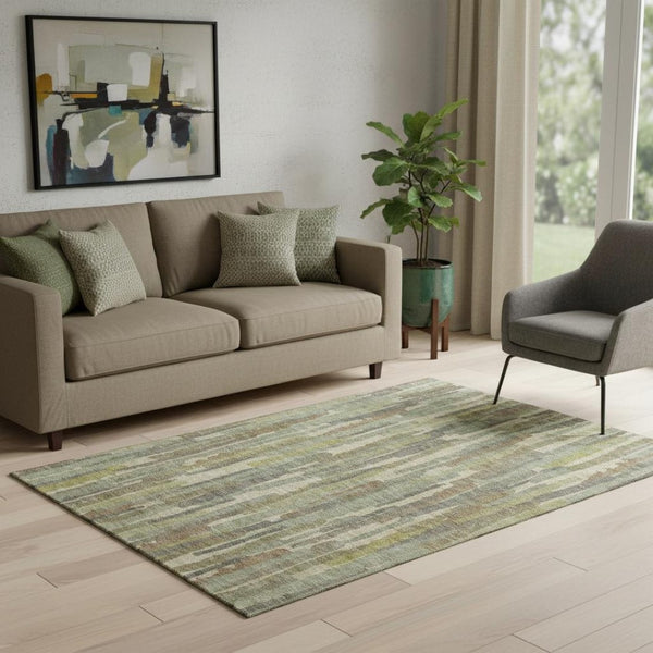 HomeRoots 5' X 8' Striped Area Rug in Artichoke Green & Beige – Durable, UV Protected, Stain Resistant Design 692924