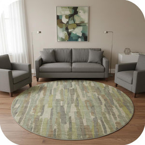 HomeRoots 8' X 8' Artichoke Green Striped Round Rug – Washable, UV Protected, Stain Resistant for Versatile Decor 692925