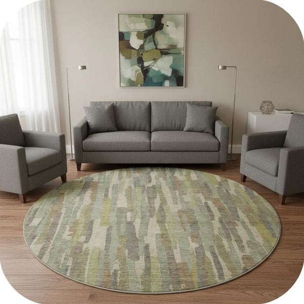 HomeRoots 8' X 8' Artichoke Green Striped Round Rug – Washable, UV Protected, Stain Resistant for Versatile Decor 692925