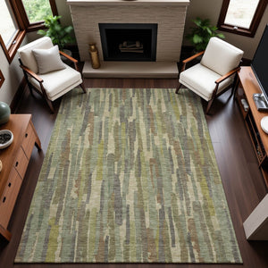 HomeRoots 8' Artichoke Green Copper Striped Washable Area Rug – Durable, Stylish, UV Protected for High-Traffic Use 692926