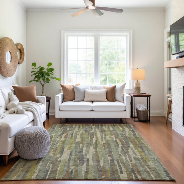 HomeRoots 8' Artichoke Green Copper Striped Washable Area Rug – Durable, Stylish, UV Protected for High-Traffic Use 692926