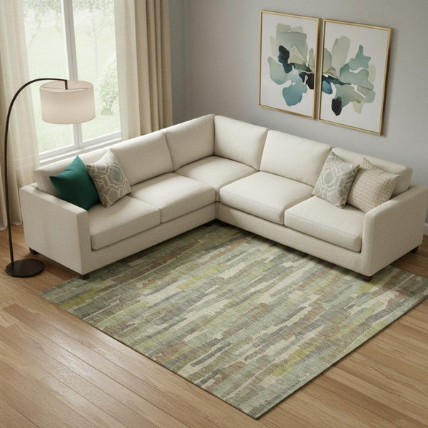 HomeRoots 9' X 12' Artichoke Green Striped Washable Area Rug with UV Protection for High-Traffic Spaces 692927