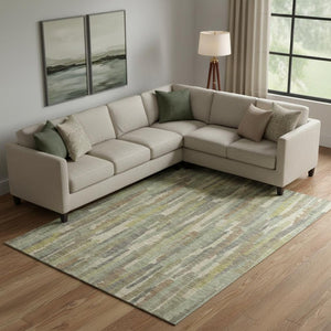 HomeRoots 10' X 14' Artichoke Green Striped Washable Area Rug with UV Protection for Family-Friendly Spaces 692928