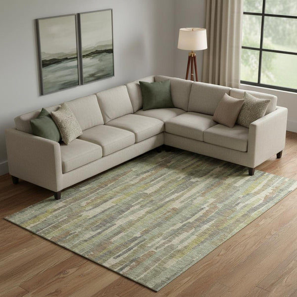 HomeRoots 10' X 14' Artichoke Green Striped Washable Area Rug with UV Protection for Family-Friendly Spaces 692928