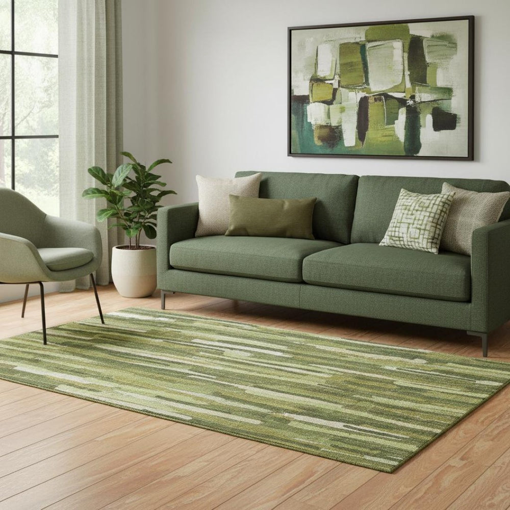 HomeRoots 5' X 8' Green And Ivory Striped Washable Area Rug - Durable, Stain-Resistant, UV Protected Design! 692930