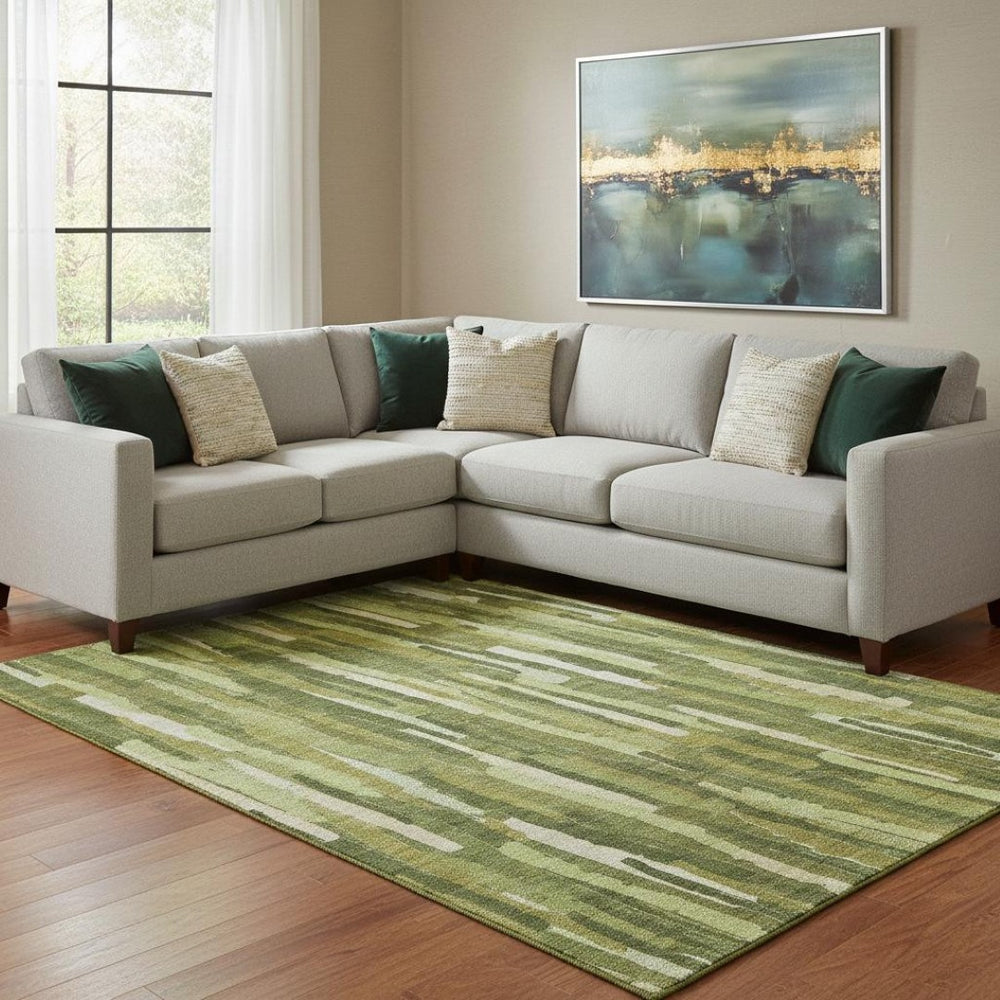 HomeRoots 8' Washable Green and Ivory Striped Area Rug with UV Protection for High-Traffic Spaces & Style 692932