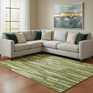 HomeRoots 8' Washable Green and Ivory Striped Area Rug with UV Protection for High-Traffic Spaces & Style 692932