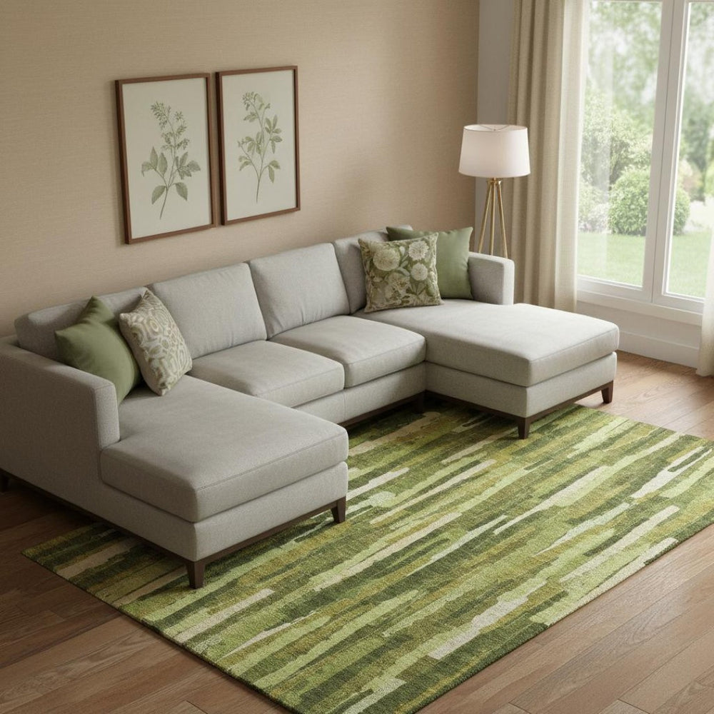 HomeRoots 9' X 12' Green And Ivory Striped Washable Area Rug – Durable, UV-Protected, Non-Slip for Busy Homes 692933
