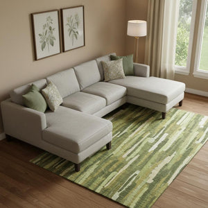 HomeRoots 10' x 14' Striped Washable Area Rug - Green & Ivory Design with UV Protection for Easy Care & Style 692934