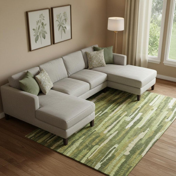 HomeRoots 10' x 14' Striped Washable Area Rug - Green & Ivory Design with UV Protection for Easy Care & Style 692934