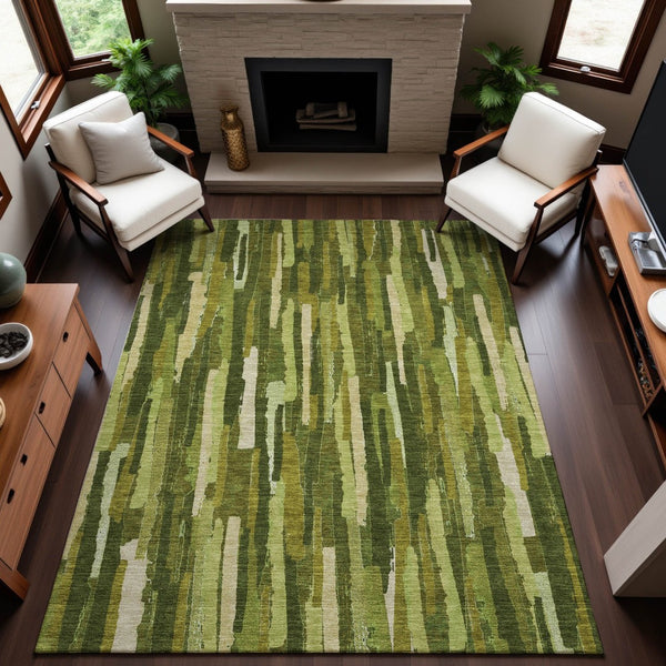 HomeRoots 10' x 14' Striped Washable Area Rug - Green & Ivory Design with UV Protection for Easy Care & Style 692934