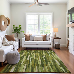 HomeRoots 10' x 14' Striped Washable Area Rug - Green & Ivory Design with UV Protection for Easy Care & Style 692934