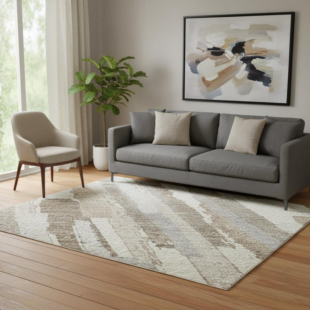 HomeRoots 5' X 8' Ivory Gray and Brown Striped Washable Area Rug with Stain Resistance and UV Protection 692936