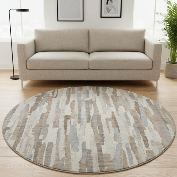 HomeRoots 8' X 8' Washable Round Rug in Ivory, Gray & Brown Stripes – UV Protected, Non-Slip, Durable Design 692937