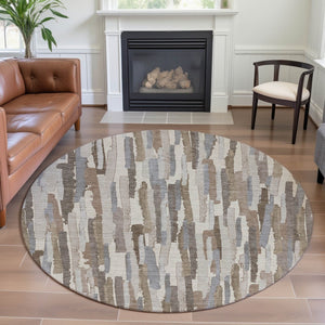 HomeRoots 8' X 8' Washable Round Rug in Ivory, Gray & Brown Stripes – UV Protected, Non-Slip, Durable Design 692937