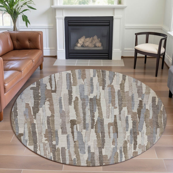 HomeRoots 8' X 8' Washable Round Rug in Ivory, Gray & Brown Stripes – UV Protected, Non-Slip, Durable Design 692937