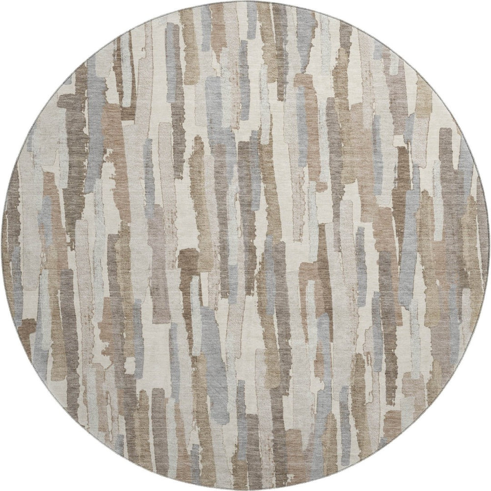 HomeRoots 8' X 8' Washable Round Rug in Ivory, Gray & Brown Stripes – UV Protected, Non-Slip, Durable Design 692937